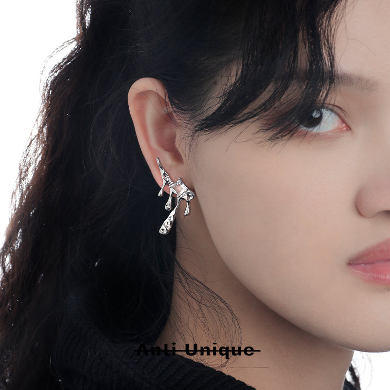 「Star Lava」White Zircon Melted Texture Silver Earrings