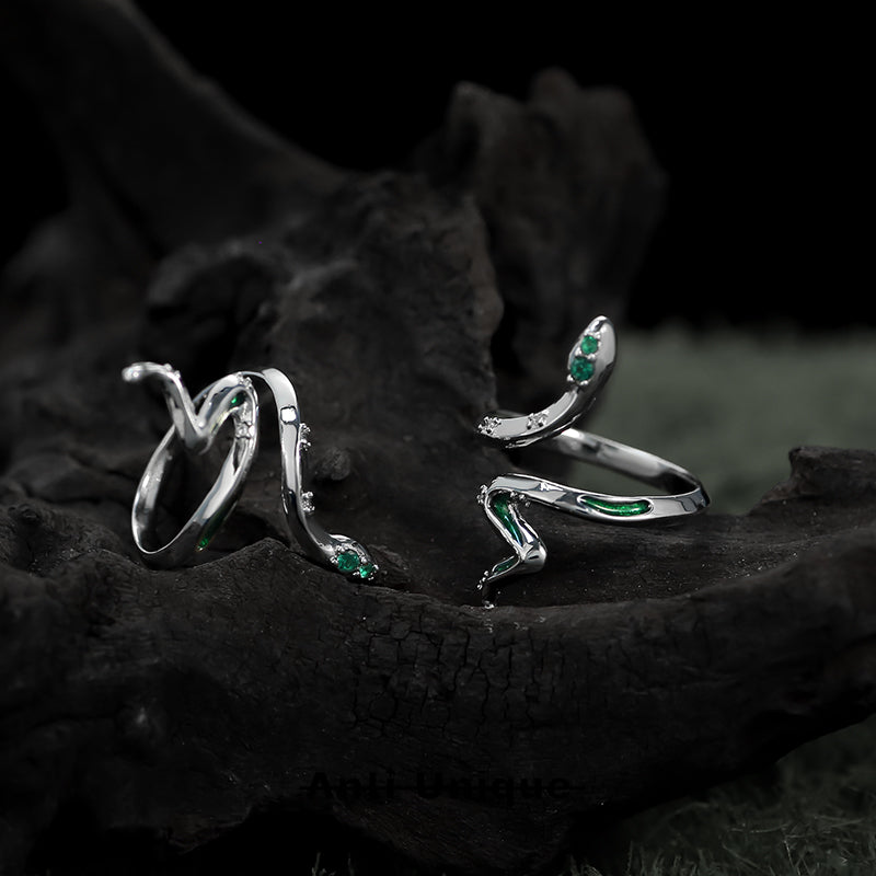 「Green Snake」Slytherins Must Have 4A Green Zircon Snake Adjustable Open End Ring