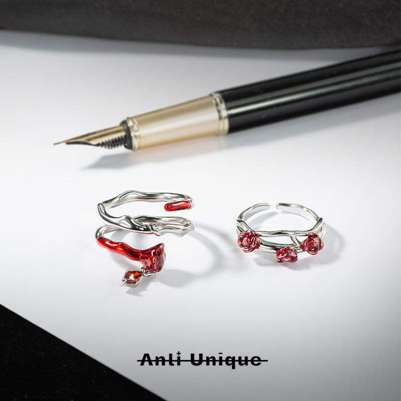 「Blood Rose」Red Zircon Enamel Silver Adjustable Couple Ring Set