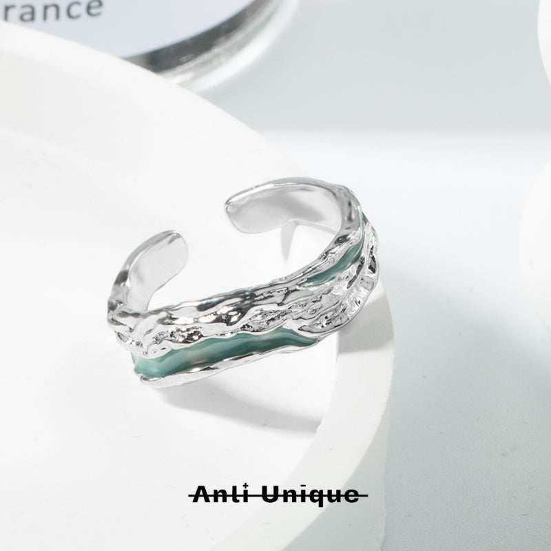 「Mint Lava」Melted Silver Epoxy Resin Technique Adjustable Ring Set