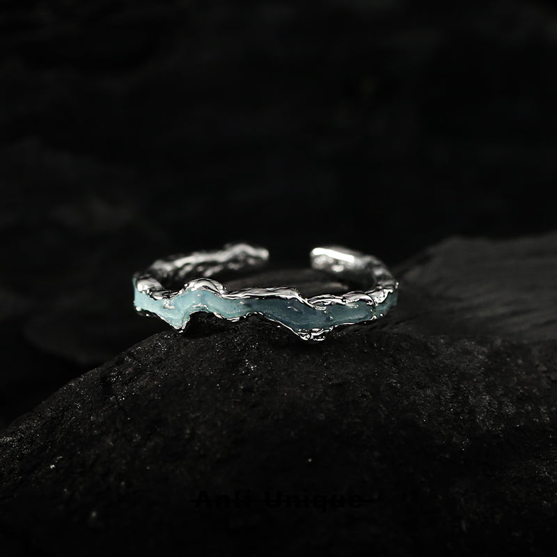 「Ice Lava」Melted Silver Texture Epoxy Resin Technique Adjustable Couple Ring Set