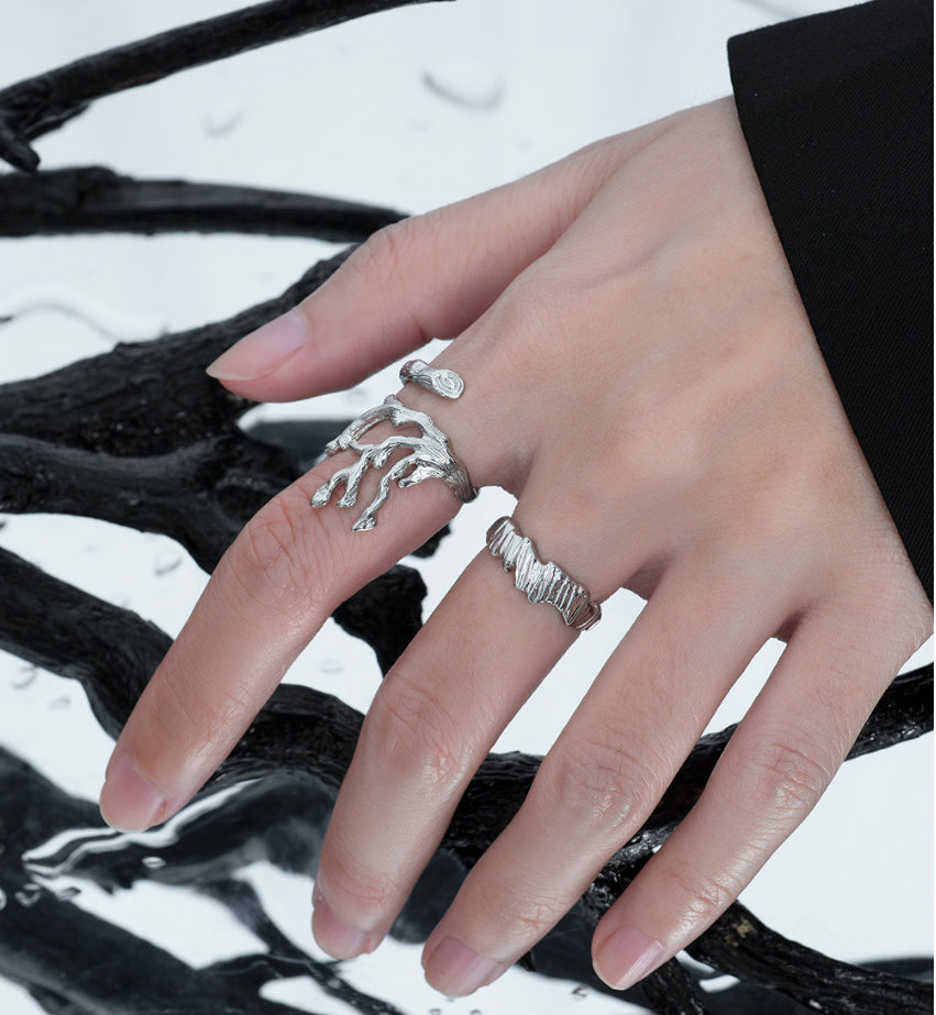 「Lava Branch」Melted Metal Texture Silver Gold Ring Set Adjustable Open End