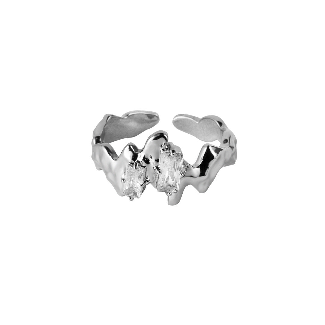 「Ice Mountain」Everyday All-Match White Zircon Silver Couple Ring Set Adjustable Open End