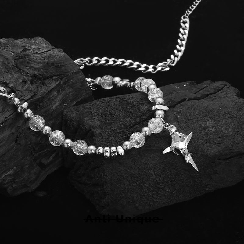 「White Cross」Ice Cracked Beads Titanium Steel Chain  Necklace