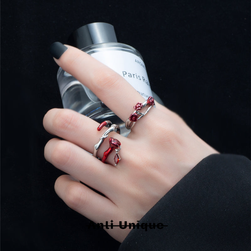 「Blood Rose」Red Zircon Enamel Silver Adjustable Couple Ring Set