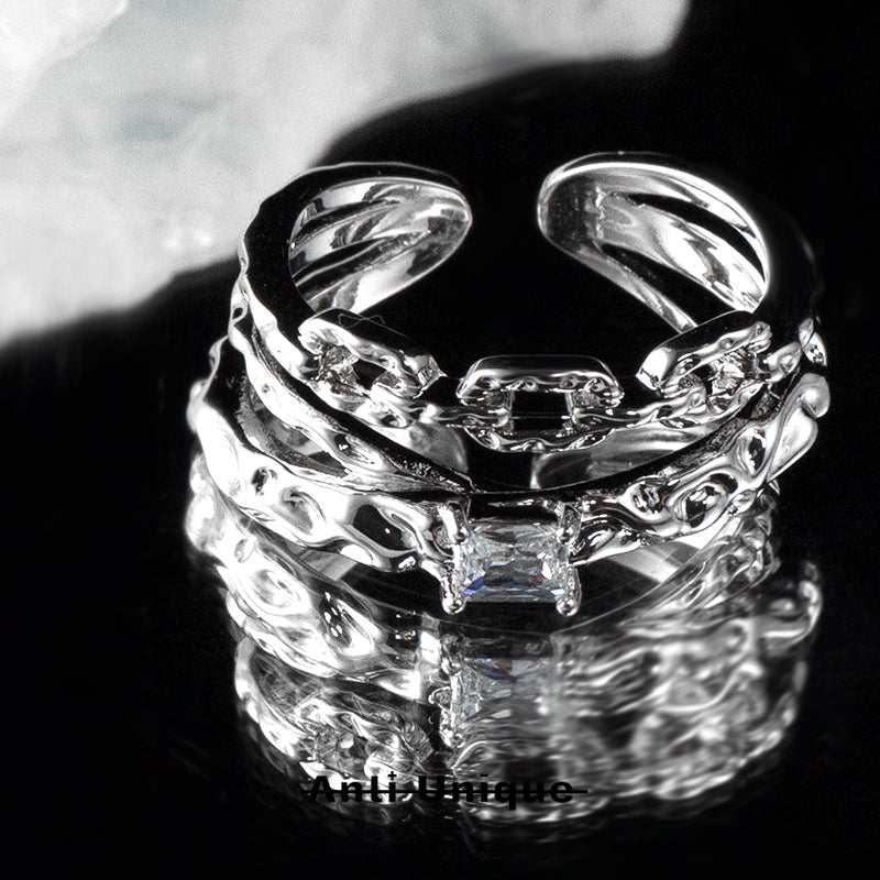 「Double Chain」Everyday All-Match White Zircon Silver Ring Adjustable Open End