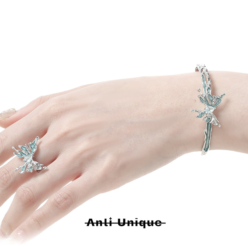 「Mint Butterfly」Blue Zircon Silver Bracelet & Ring Set Adjustable Ope End