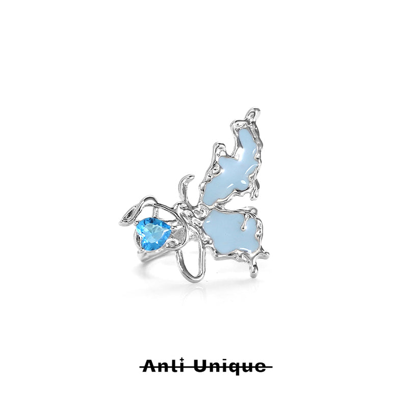 「Rose Butterfly」Blue Ocean Zircon Silver Adjustable Open End Ring Pair