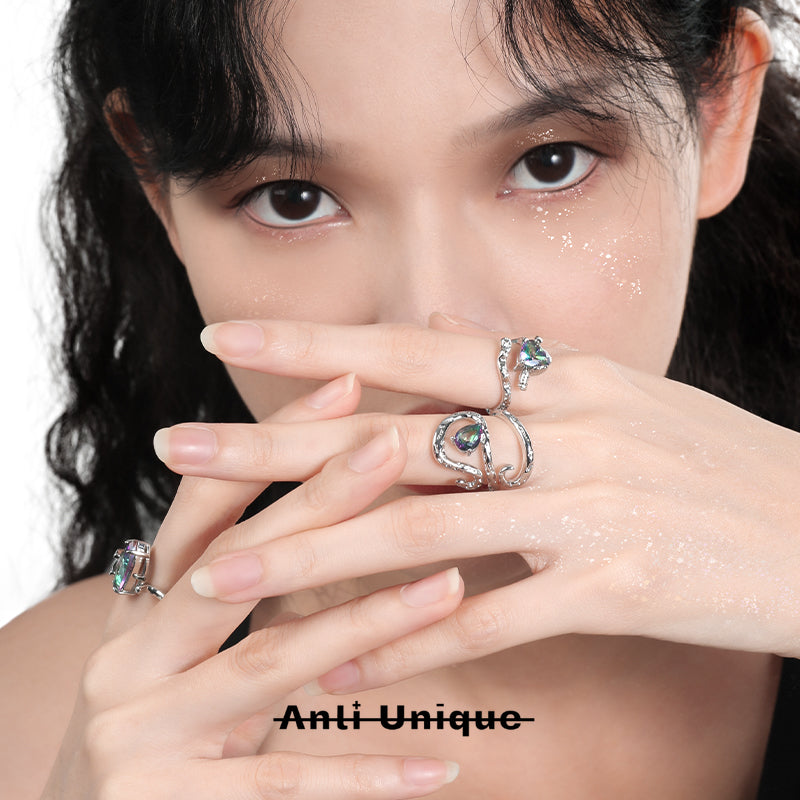 「Gradient」Cool Color Zircon Ring Set Adjustable Open End