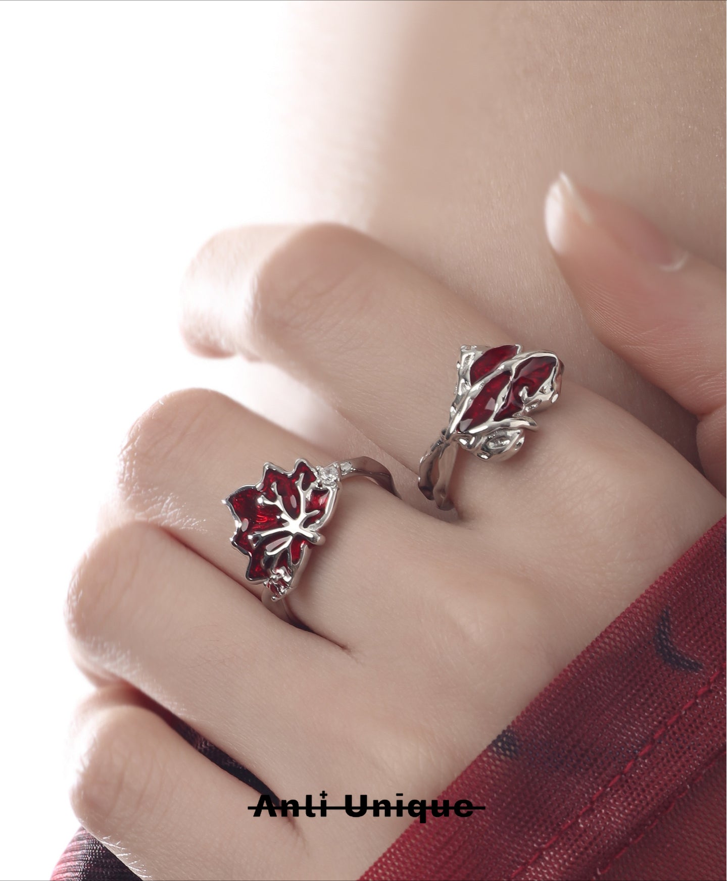 「Red Maple」Red Epoxy Enamel Silver Ring Set Couple Adjustable Open End