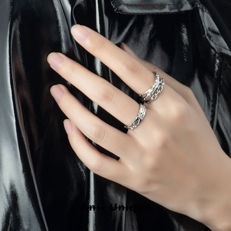 「Double Chain」Everyday All-Match White Zircon Silver Ring Adjustable Open End