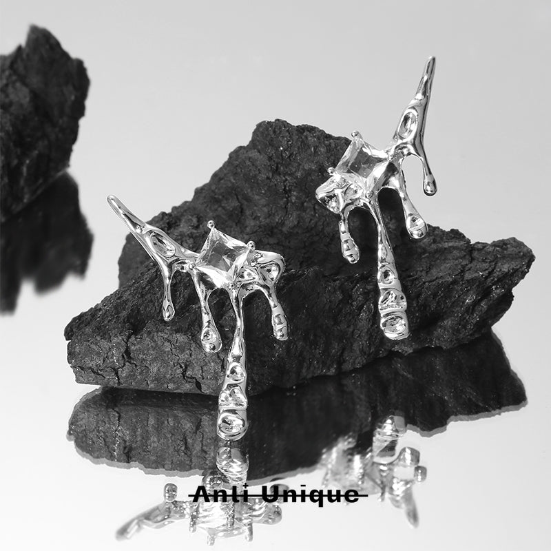 「Star Lava」White Zircon Melted Texture Silver Earrings