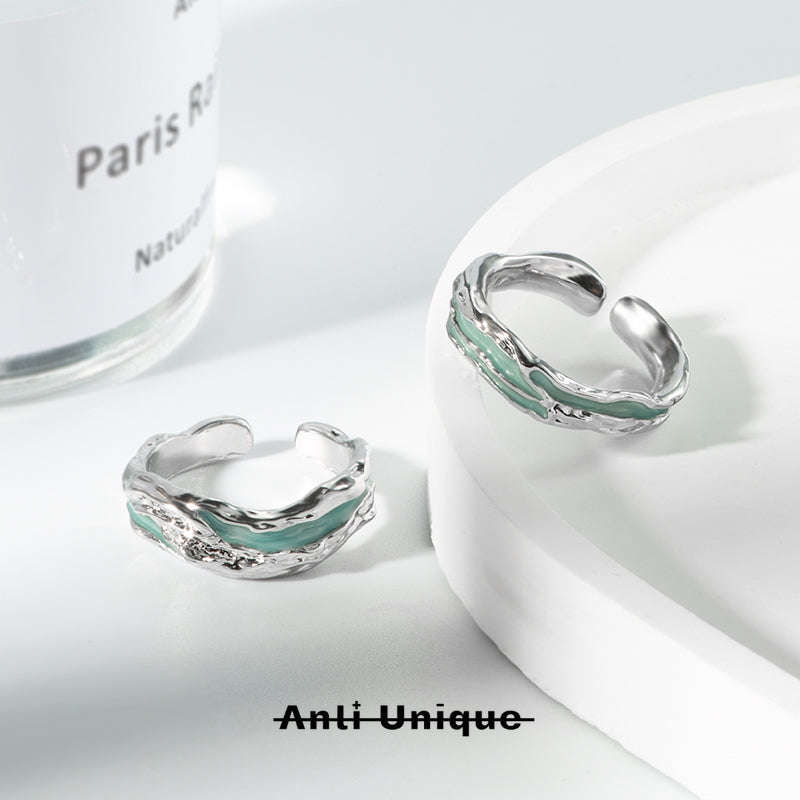 「Mint Lava」Melted Silver Epoxy Resin Technique Adjustable Ring Set