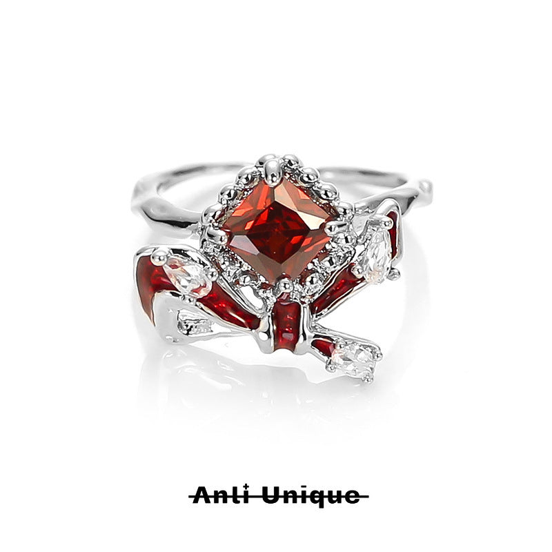 「Red Crown」Red Zircon Silver Ring Set Couple Adjustable Open End