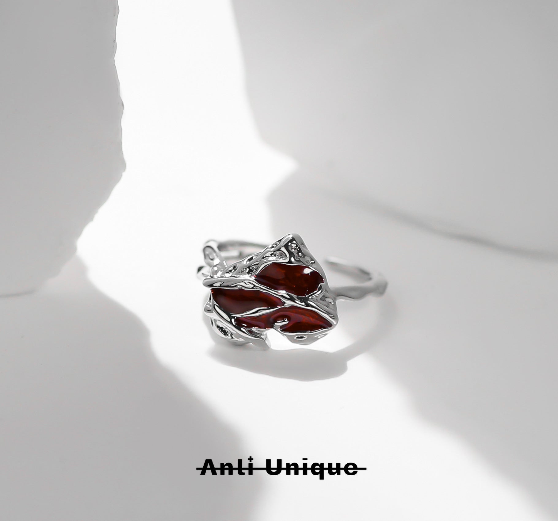 「Red Maple」Red Epoxy Enamel Silver Ring Set Couple Adjustable Open End