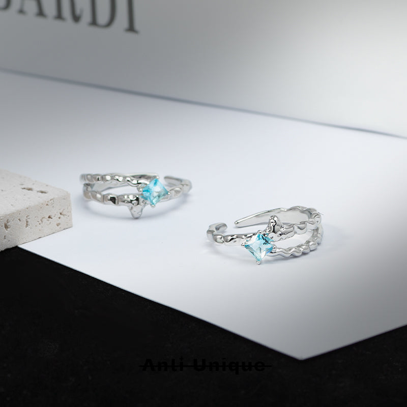 「Glacier Star」Ice Blue Zircon Melted Silver Texture Adjustable Ring