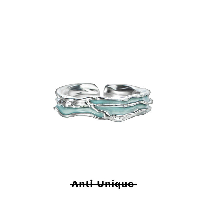 「Mint Lava」Melted Silver Epoxy Resin Technique Adjustable Ring Set