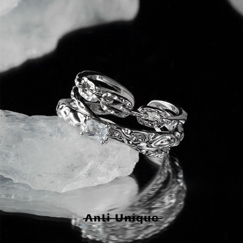 「Double Chain」Everyday All-Match White Zircon Silver Ring Adjustable Open End