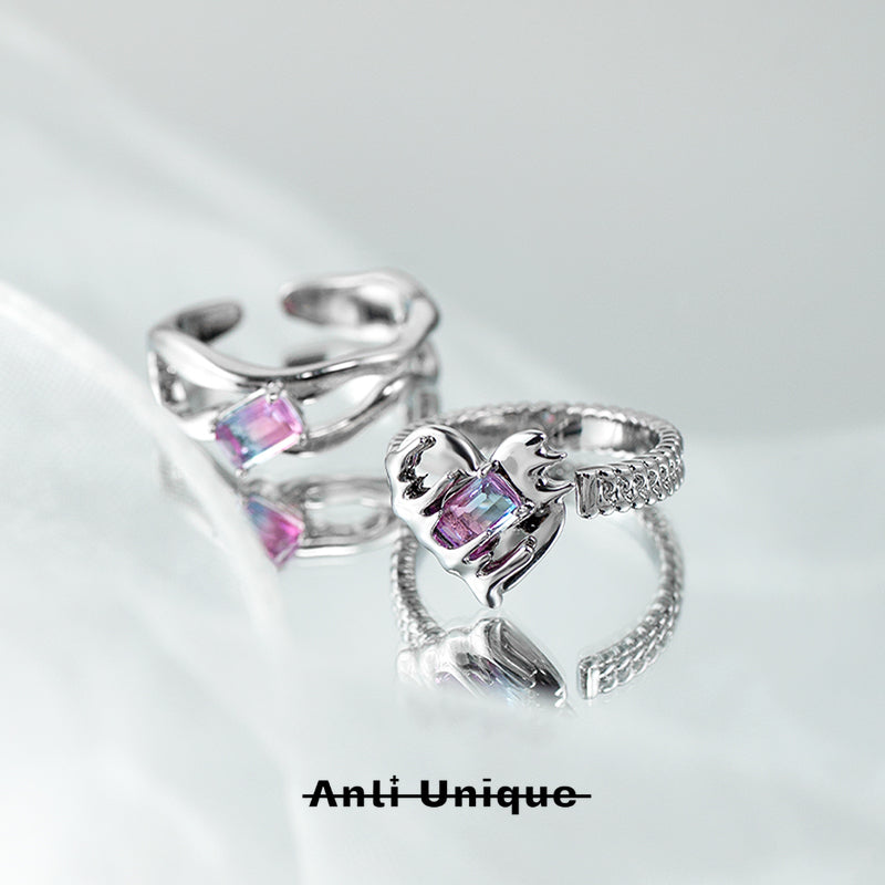 「Sweet Heart」Couple Ring Set Gradient Pink Purple Zircon