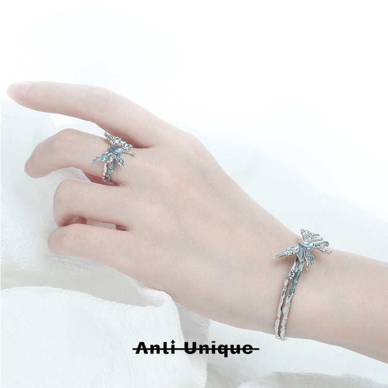 「Mint Butterfly」Blue Zircon Silver Bracelet & Ring Set Adjustable Ope End