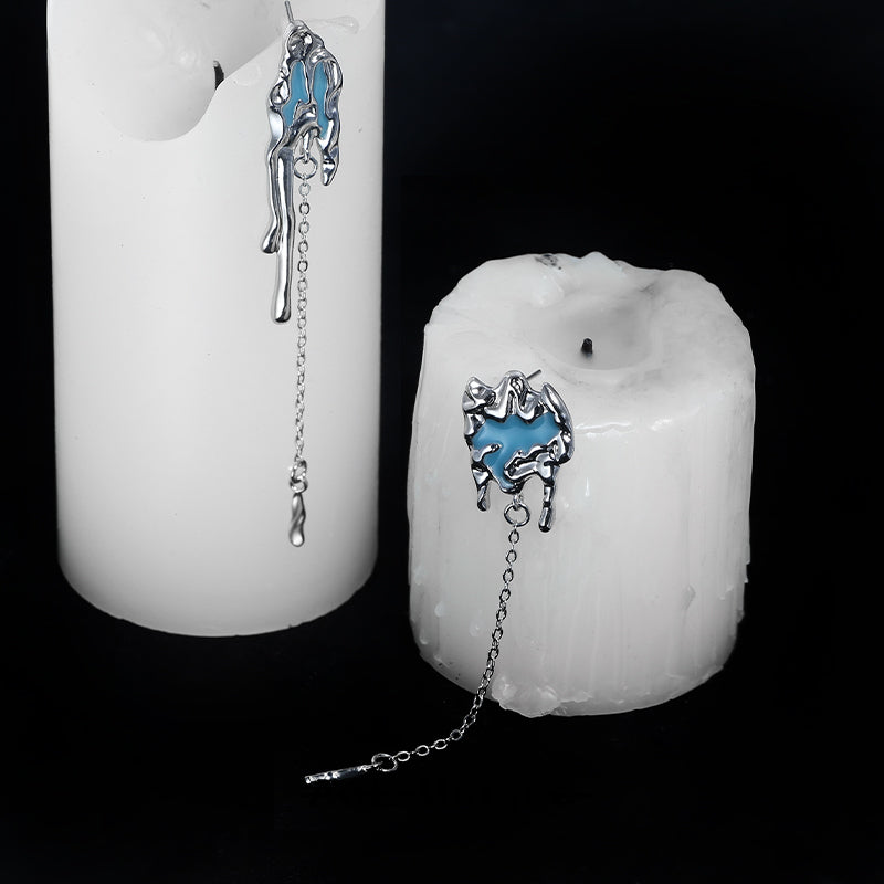 「Glacier Lava」Blue Epoxy Resin Earrings Silver Asymmetry Tassel Texture Design