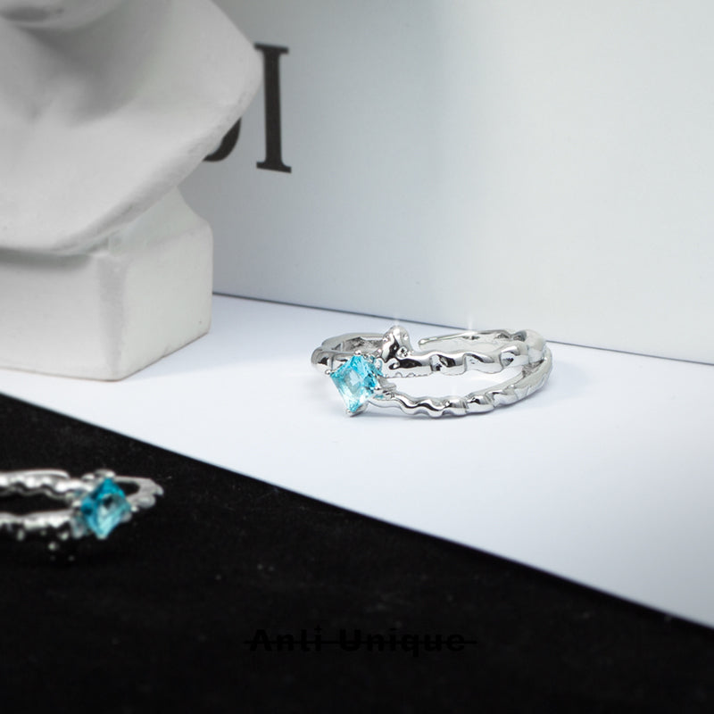 「Glacier Star」Ice Blue Zircon Melted Silver Texture Adjustable Ring