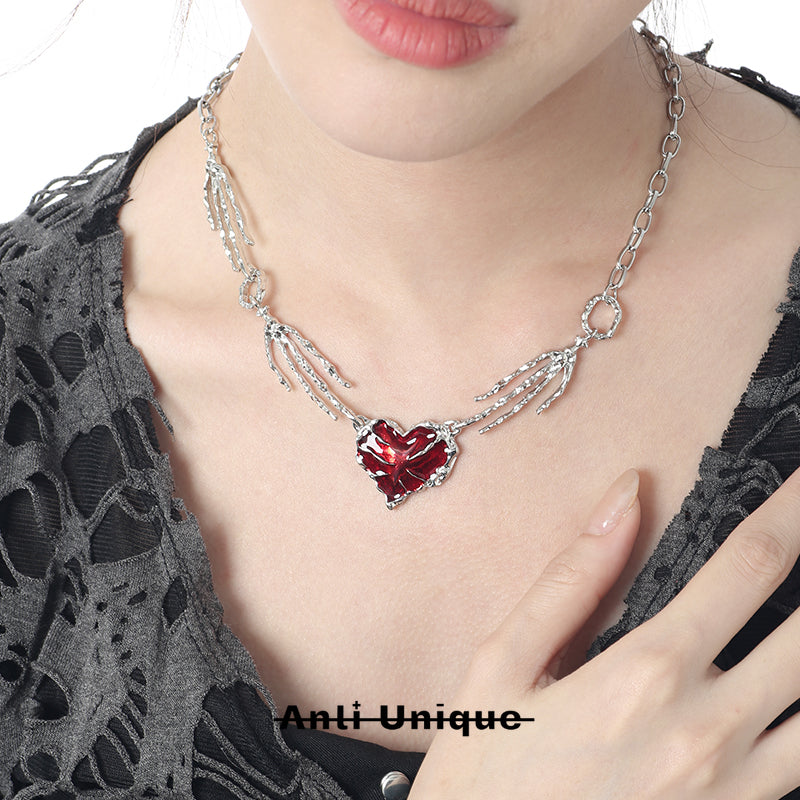 「Blood Heart」Red Skeleton Epoxy Resin Halloween Necklace