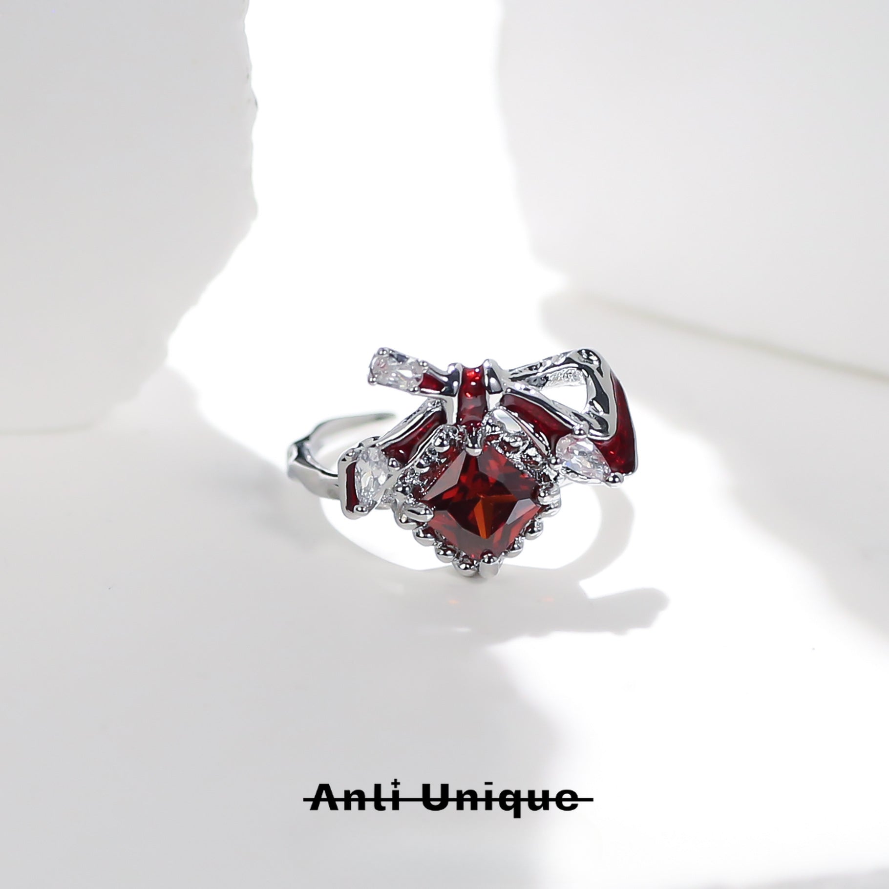 「Red Crown」Red Zircon Silver Ring Set Couple Adjustable Open End