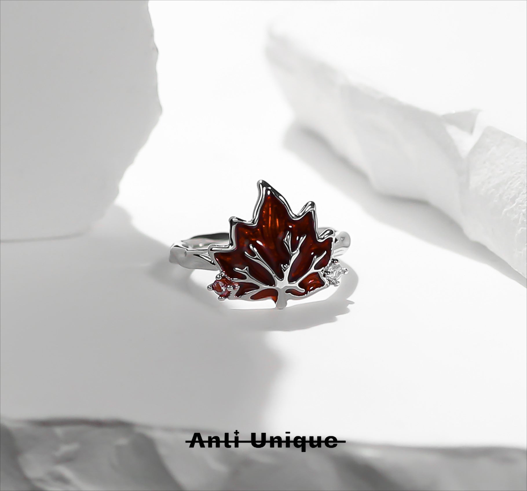 「Red Maple」Red Epoxy Enamel Silver Ring Set Couple Adjustable Open End