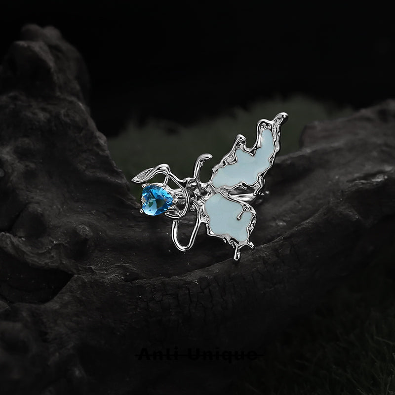 「Rose Butterfly」Blue Ocean Zircon Silver Adjustable Open End Ring Pair