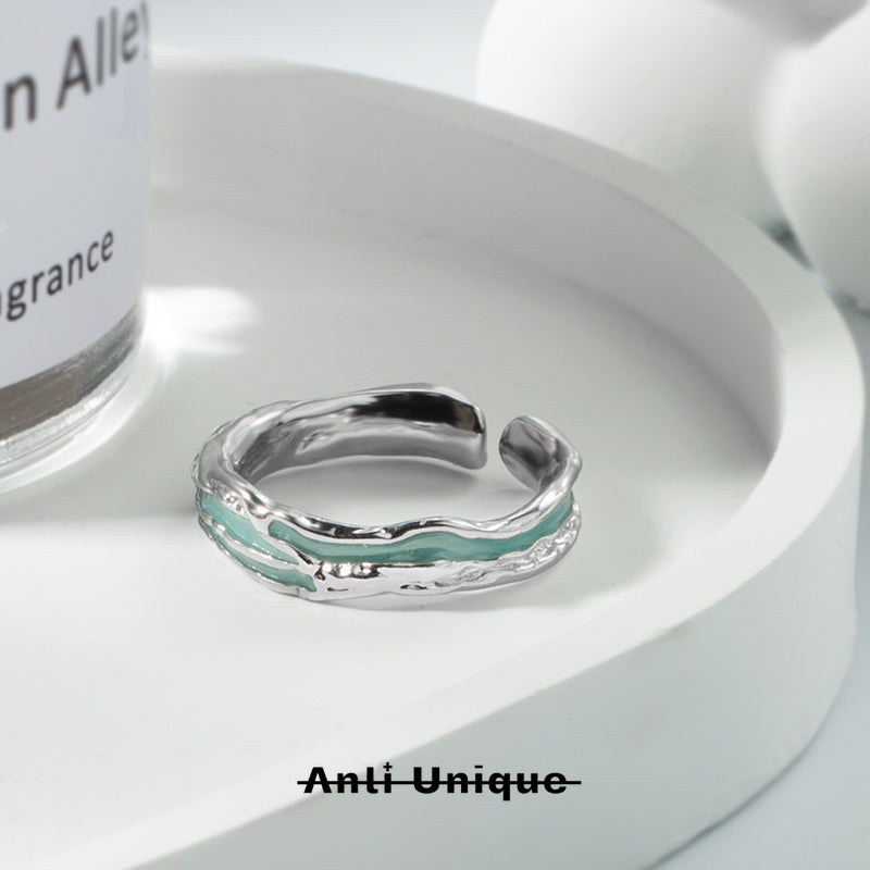 「Mint Lava」Melted Silver Epoxy Resin Technique Adjustable Ring Set