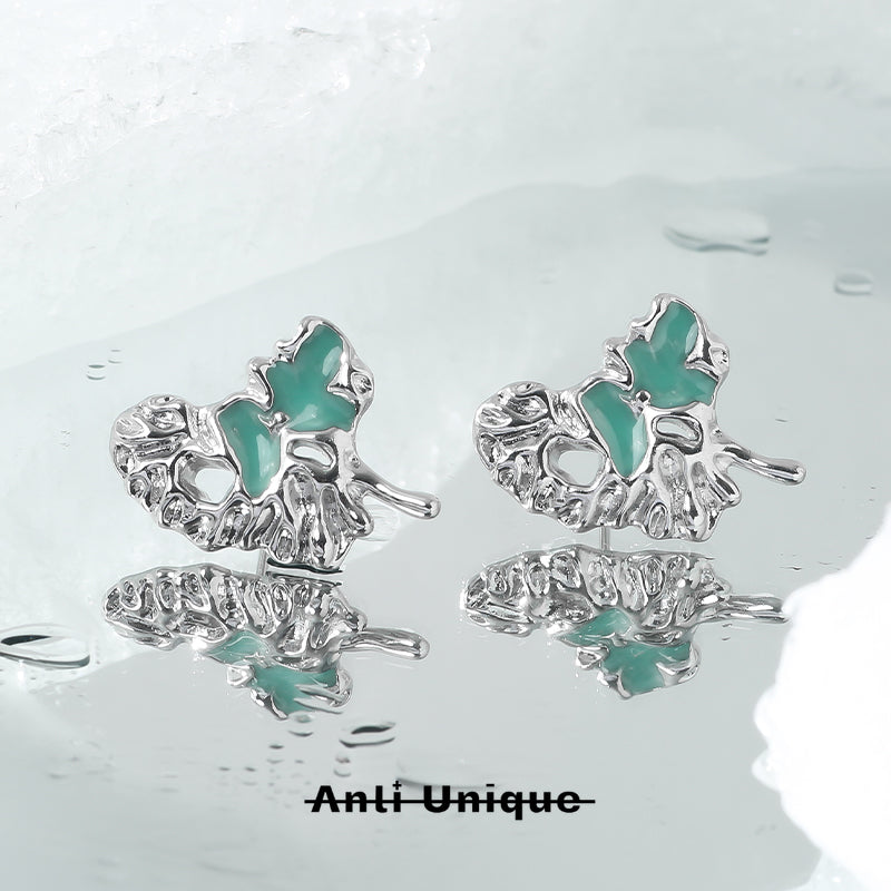 「 Mint Heart」Earring+Ring Set Mint Epoxy Resin Silver Adjustable Open End Ring