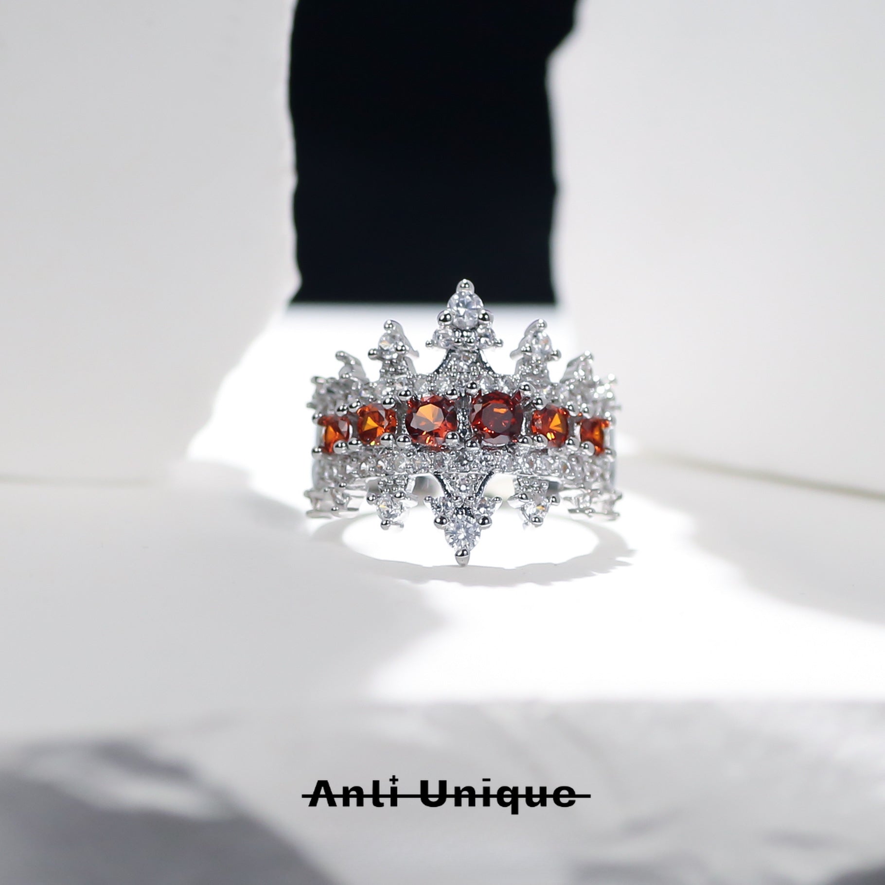 「Red Crown」Red Zircon Silver Ring Set Couple Adjustable Open End