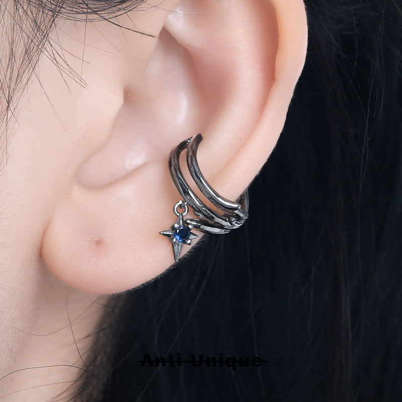 「Dark Thon」Dark Blue Zircon Asymmetric Ear Clips Earrings