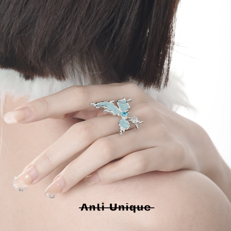 「Rose Butterfly」Blue Ocean Zircon Silver Adjustable Open End Ring Pair