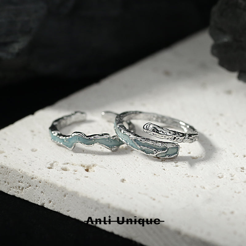 「Ice Lava」Melted Silver Texture Epoxy Resin Technique Adjustable Couple Ring Set