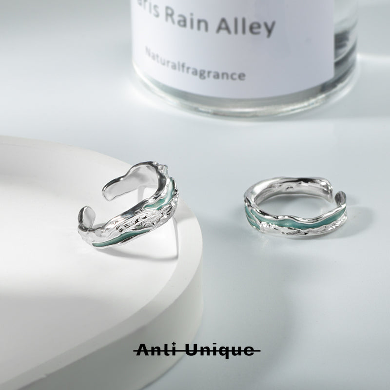 「Mint Lava」Melted Silver Epoxy Resin Technique Adjustable Ring Set