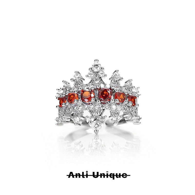 「Red Crown」Red Zircon Silver Ring Set Couple Adjustable Open End