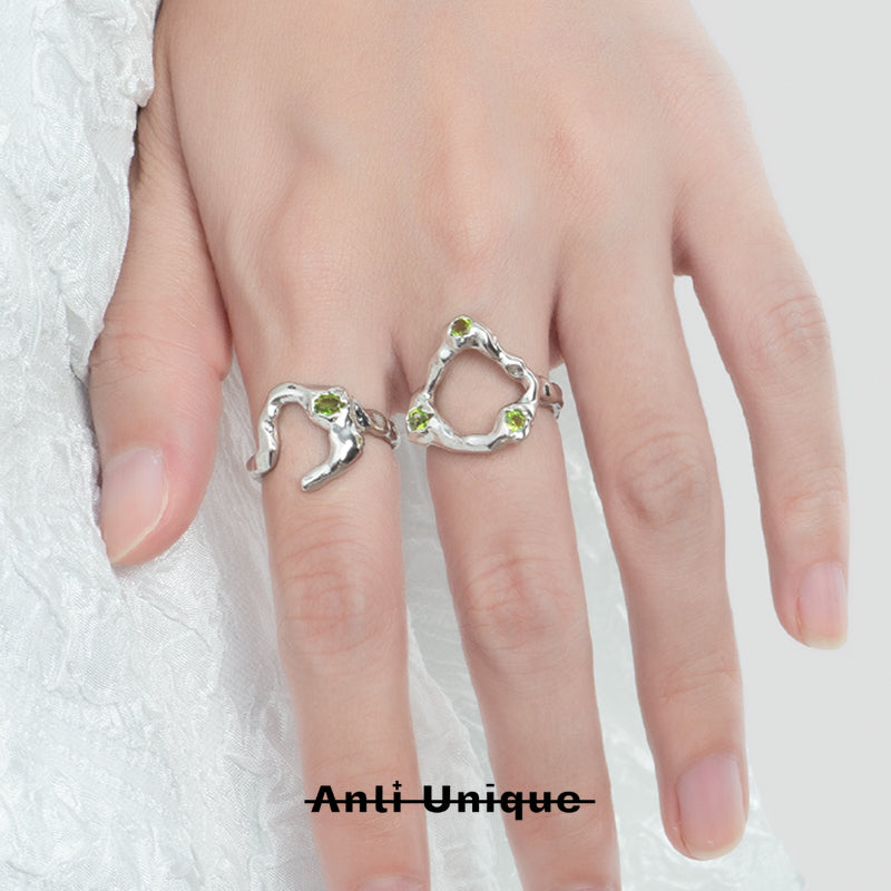 「Free Growth」Green Zircon Adjustable Couple Ring Set