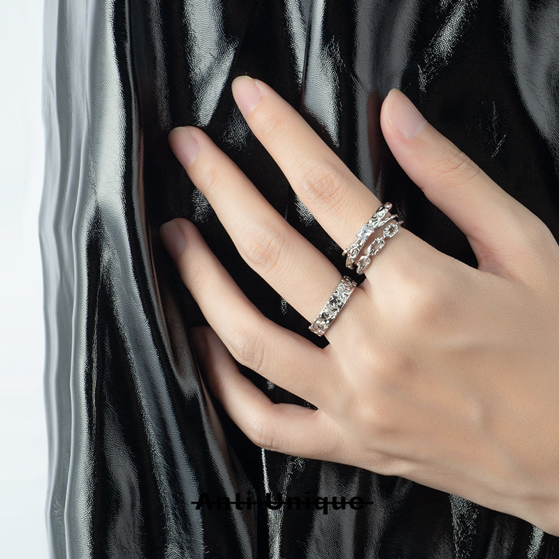 「Double Chain」Everyday All-Match White Zircon Silver Ring Adjustable Open End