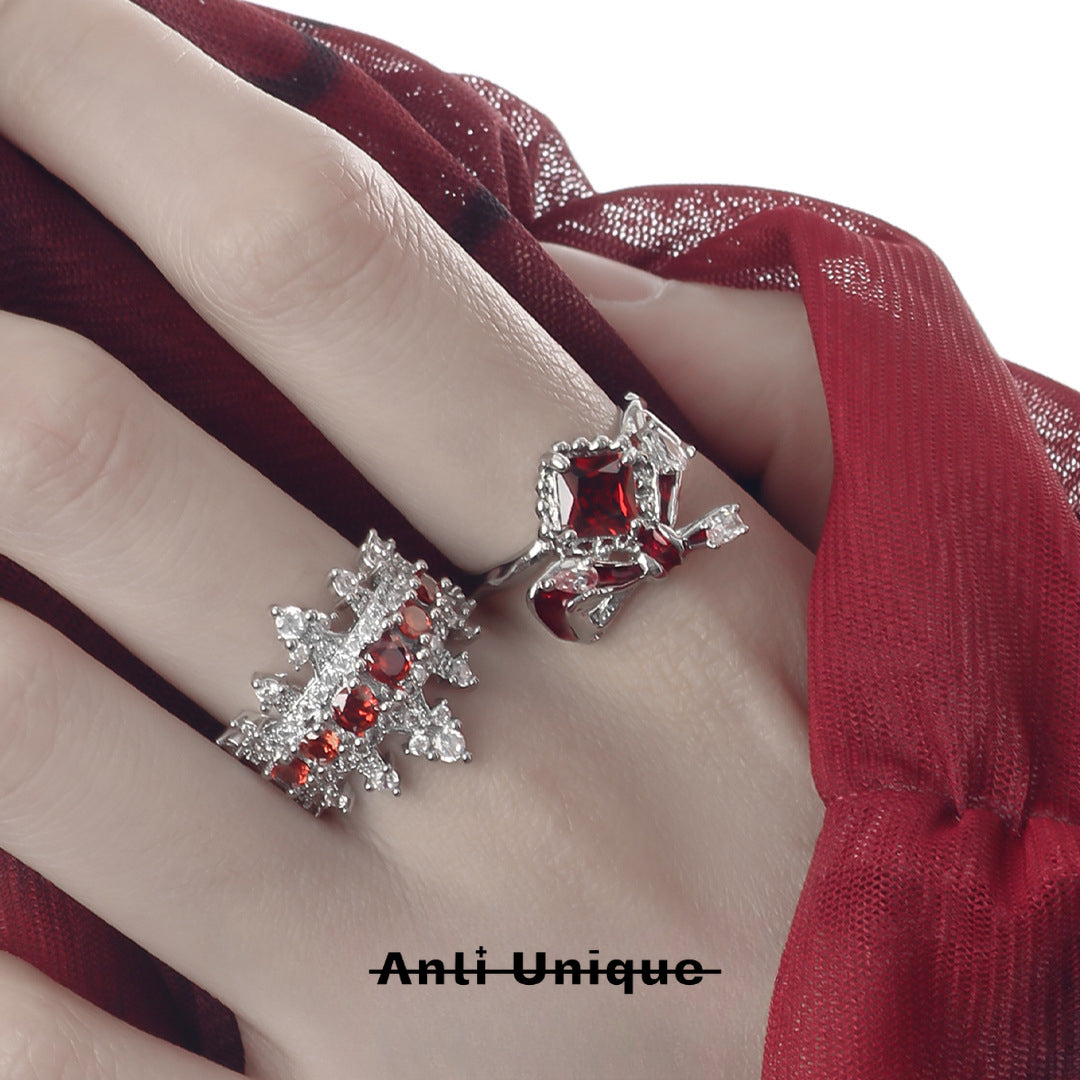 「Red Crown」Red Zircon Silver Ring Set Couple Adjustable Open End