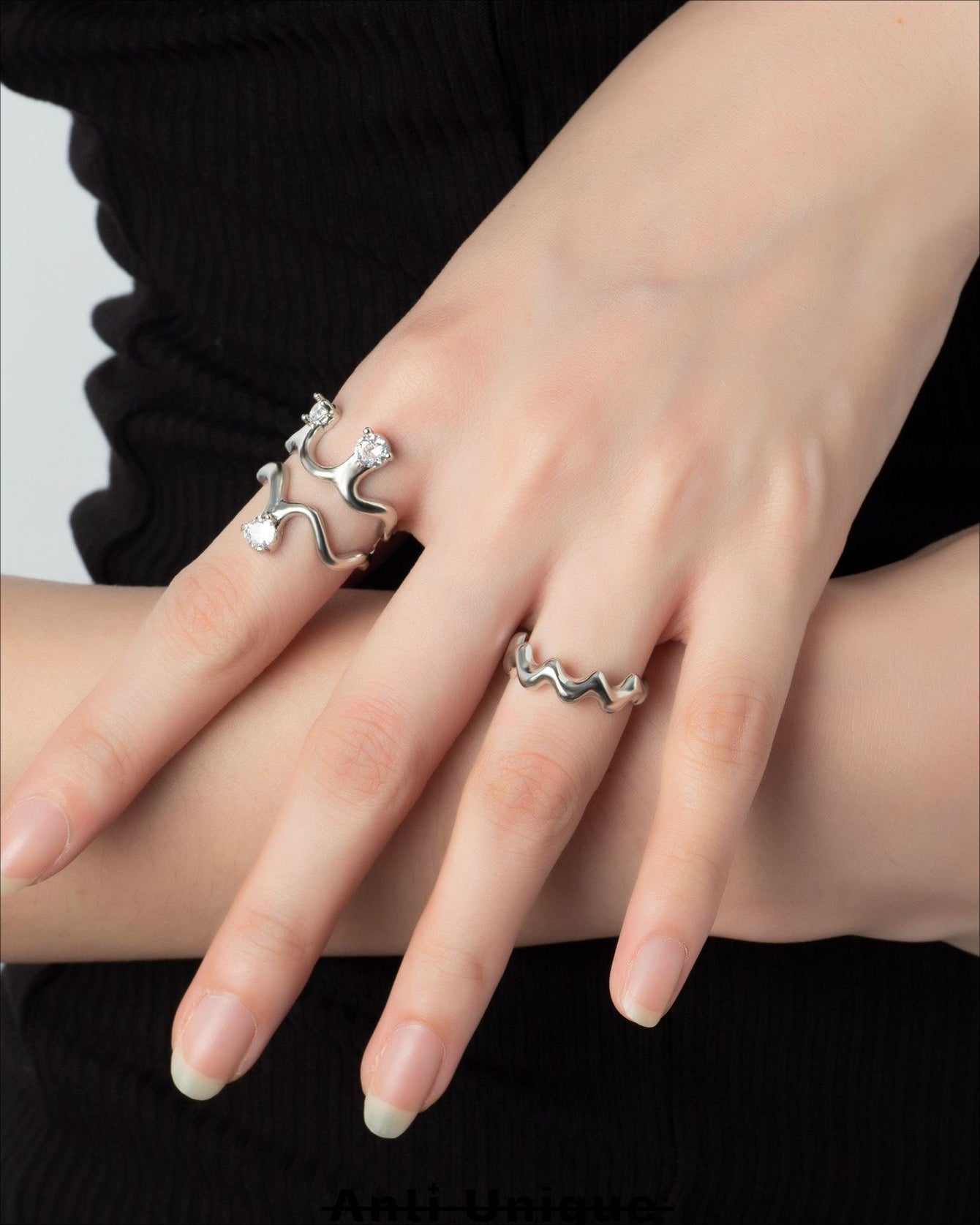 「Wave Peak」White Zircon Silver Couple Ring Set Adjustable Open End