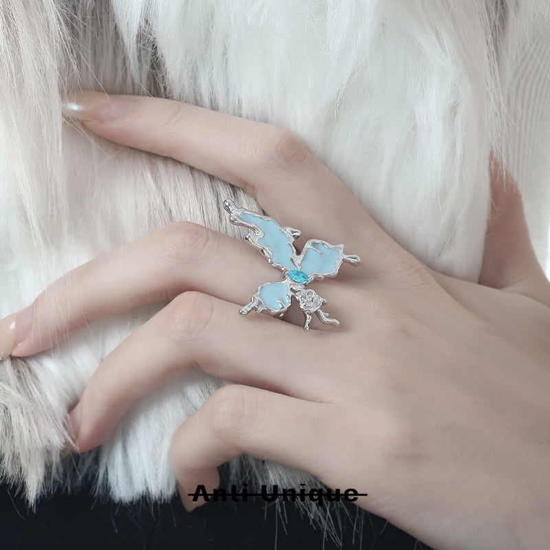 「Rose Butterfly」Blue Ocean Zircon Silver Adjustable Open End Ring Pair